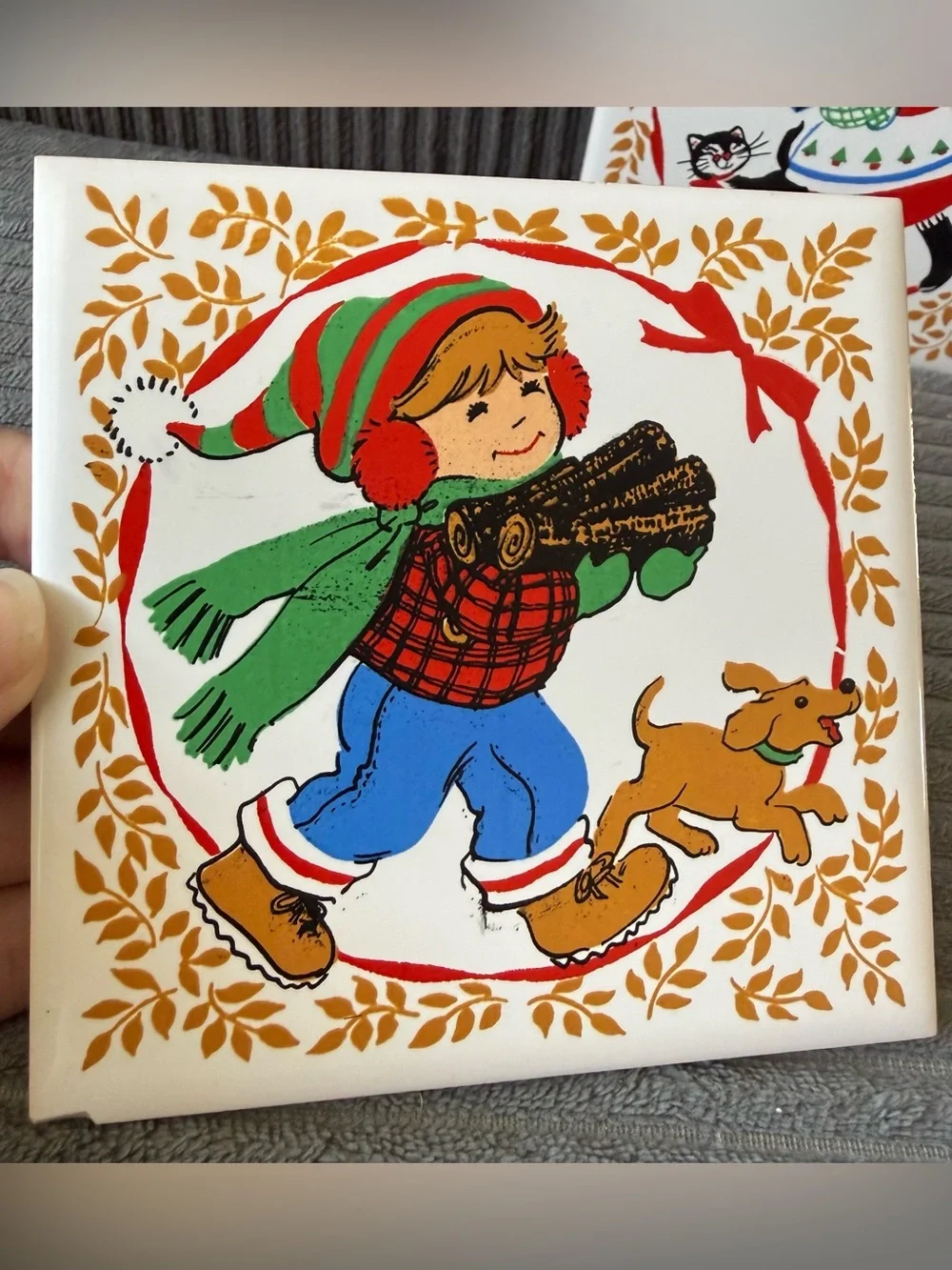 VTG Jasco Taiwan Ceramic Holiday Tiles Trivet Girl Boy Christmas Accents Cat